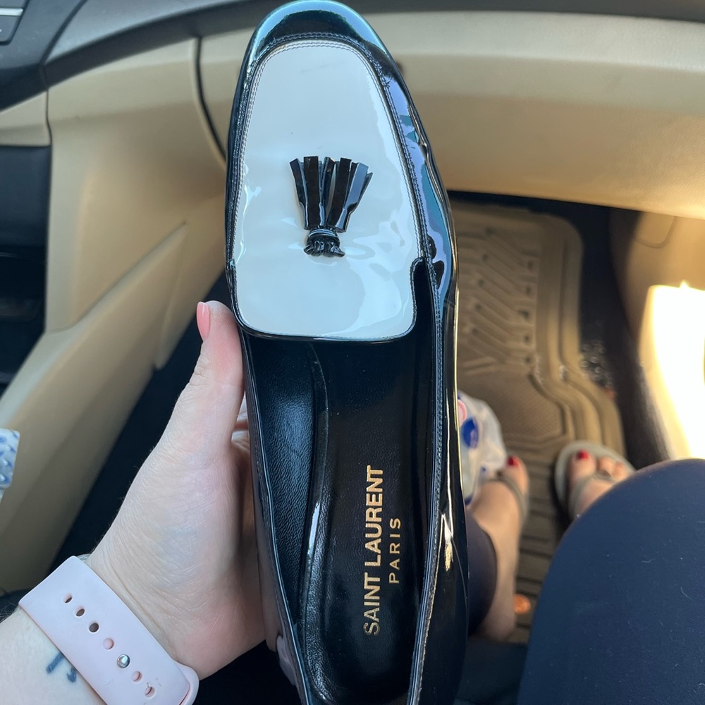 St. Laurent black and white loafers
